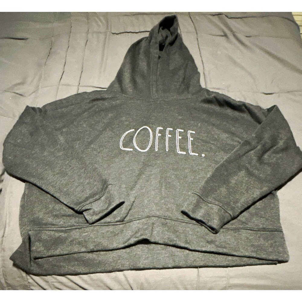 Rae Dunn Women’s Gray Fleece Pullover Hoodie L Coffee Graphic Embroidered